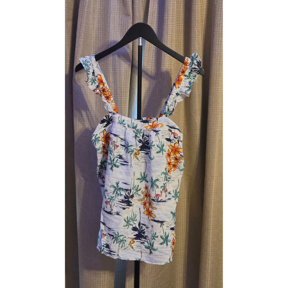 Old Navy Tropical Palm Tree Ruffle Strap Tank Top Women's Small Linen Blend
